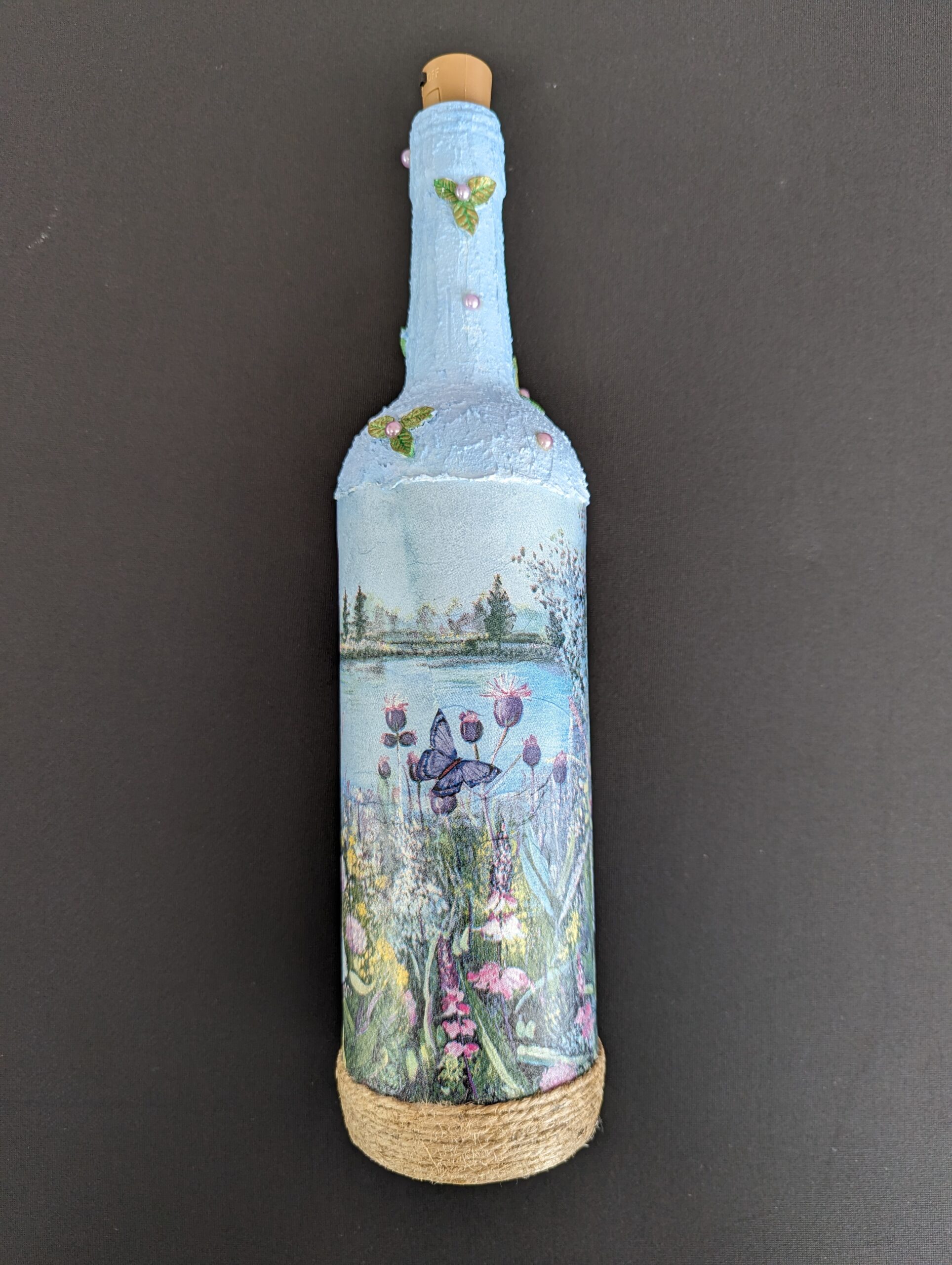 Decorated Illuminated Bottle with Butterflies by Riverside