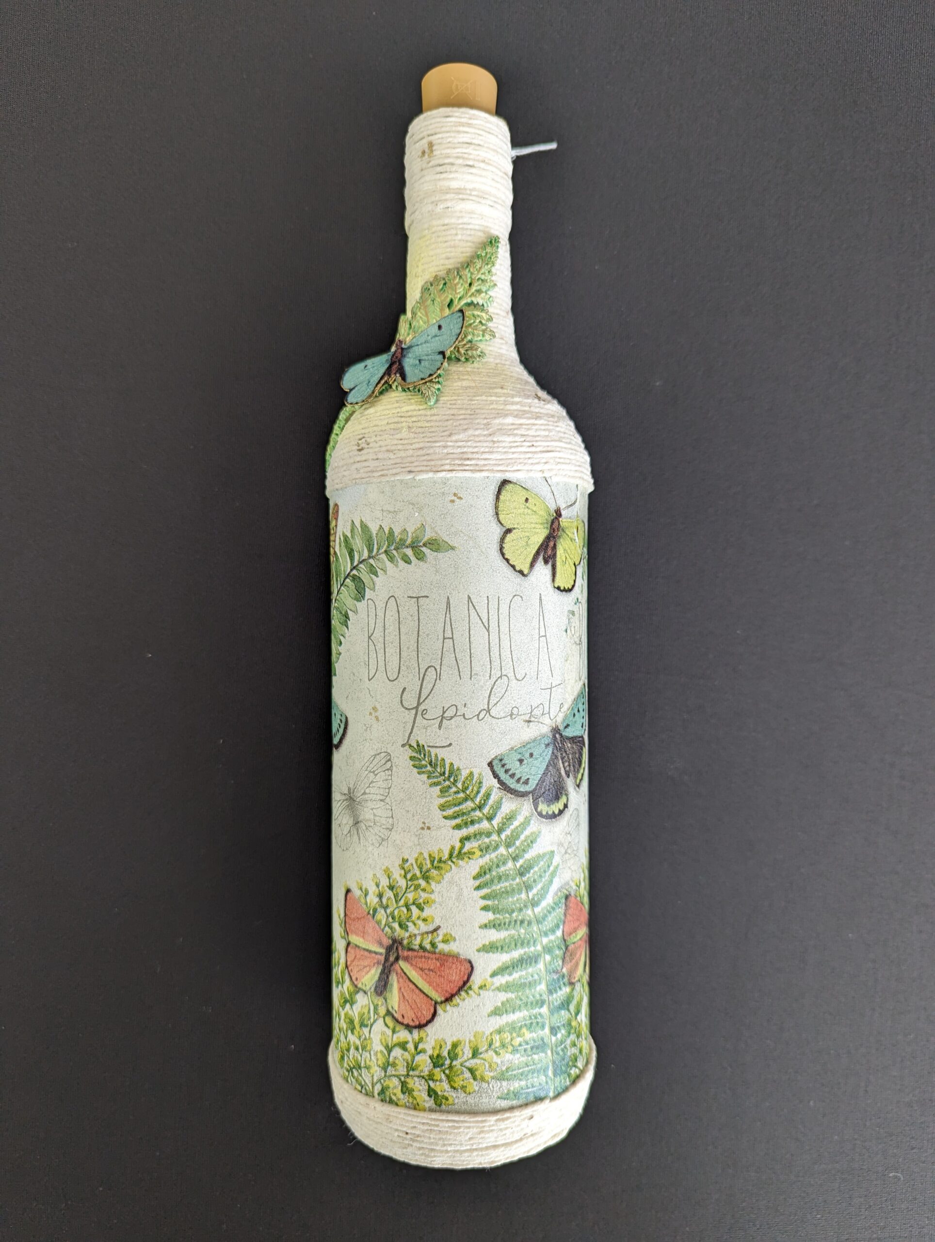 Decorated Illuminated Bottle with Butterflies and Ferns