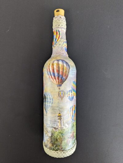 Decorated Illuminated Bottle with Hot Air Balloons by Lighthouse