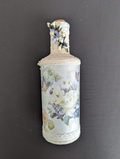 Decorated Illuminated Bottle with Butterflies and Flowers