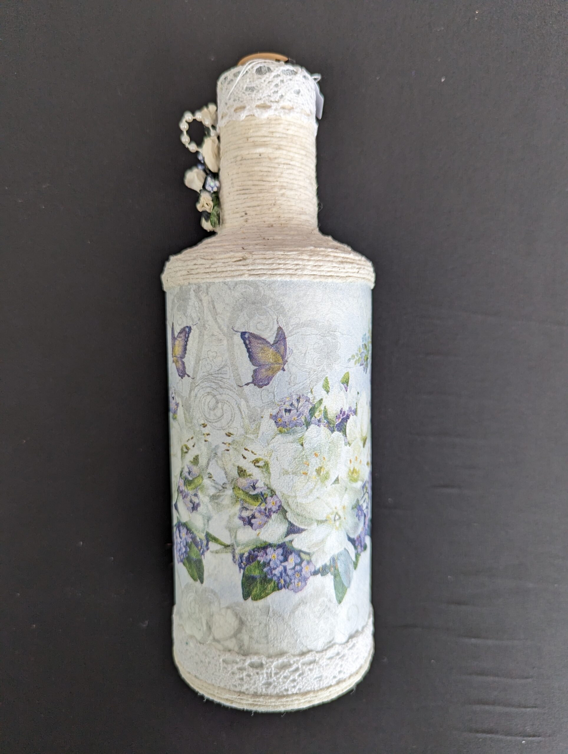 Decorated Illuminated Bottle with Butterflies and Flowers