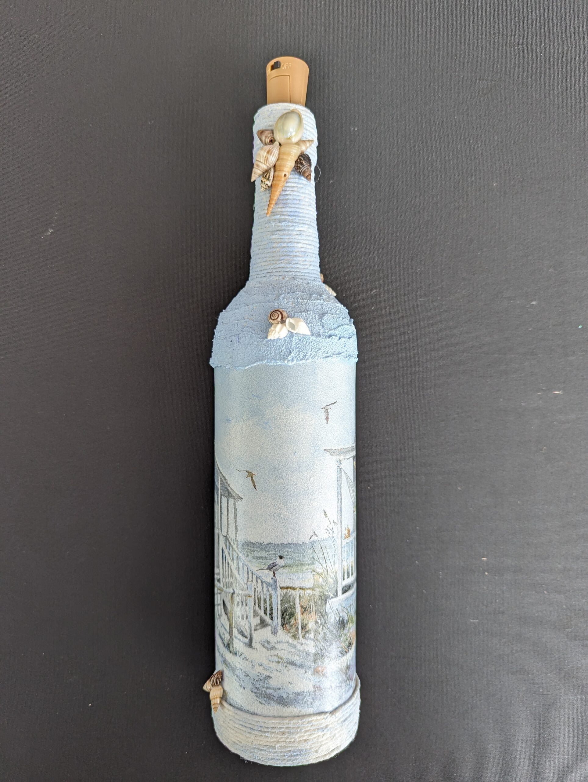 Decorated Illuminated Bottle with Beach Home Scene