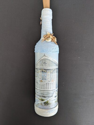 Decorated Illuminated Bottle with Beach Home Scene