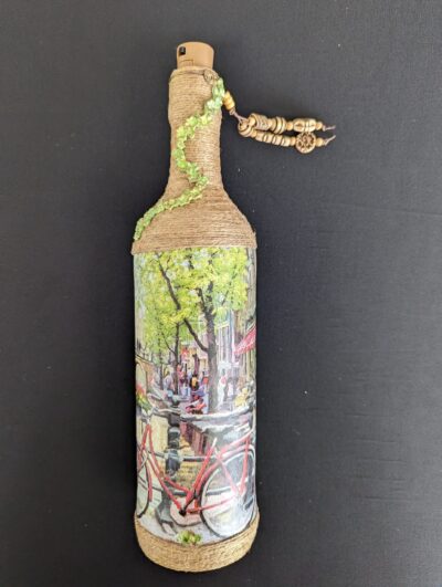 Decorated Illuminated Bottle with Bike and Riverside Scene