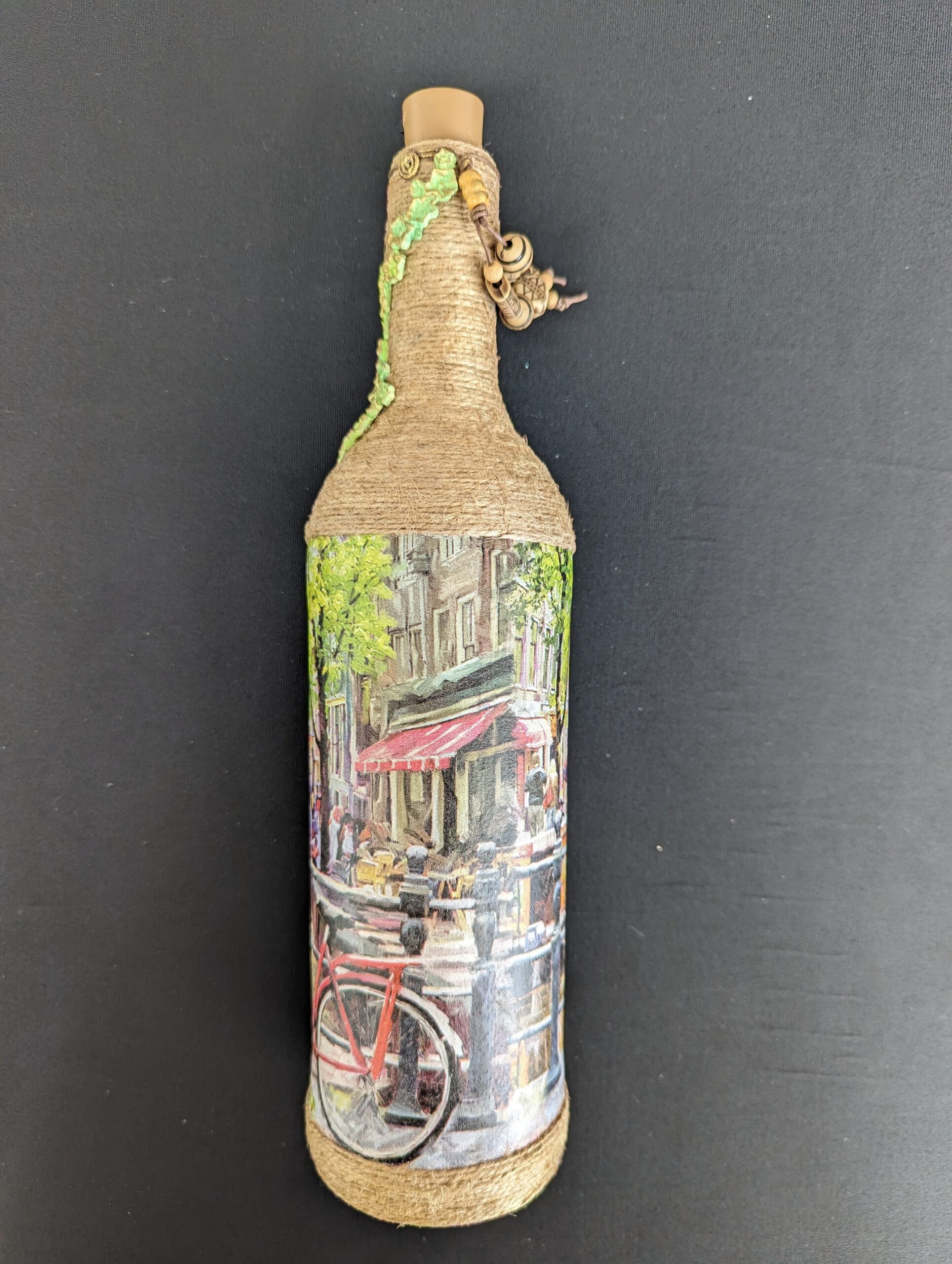 Decorated Illuminated Bottle with Bike and Riverside Scene